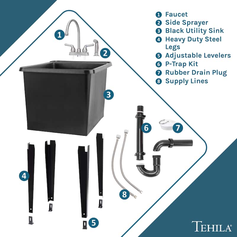 TEHILA Black 16-Gallon Space Saver Utility Sink Laundry Tub with Gooseneck Faucet