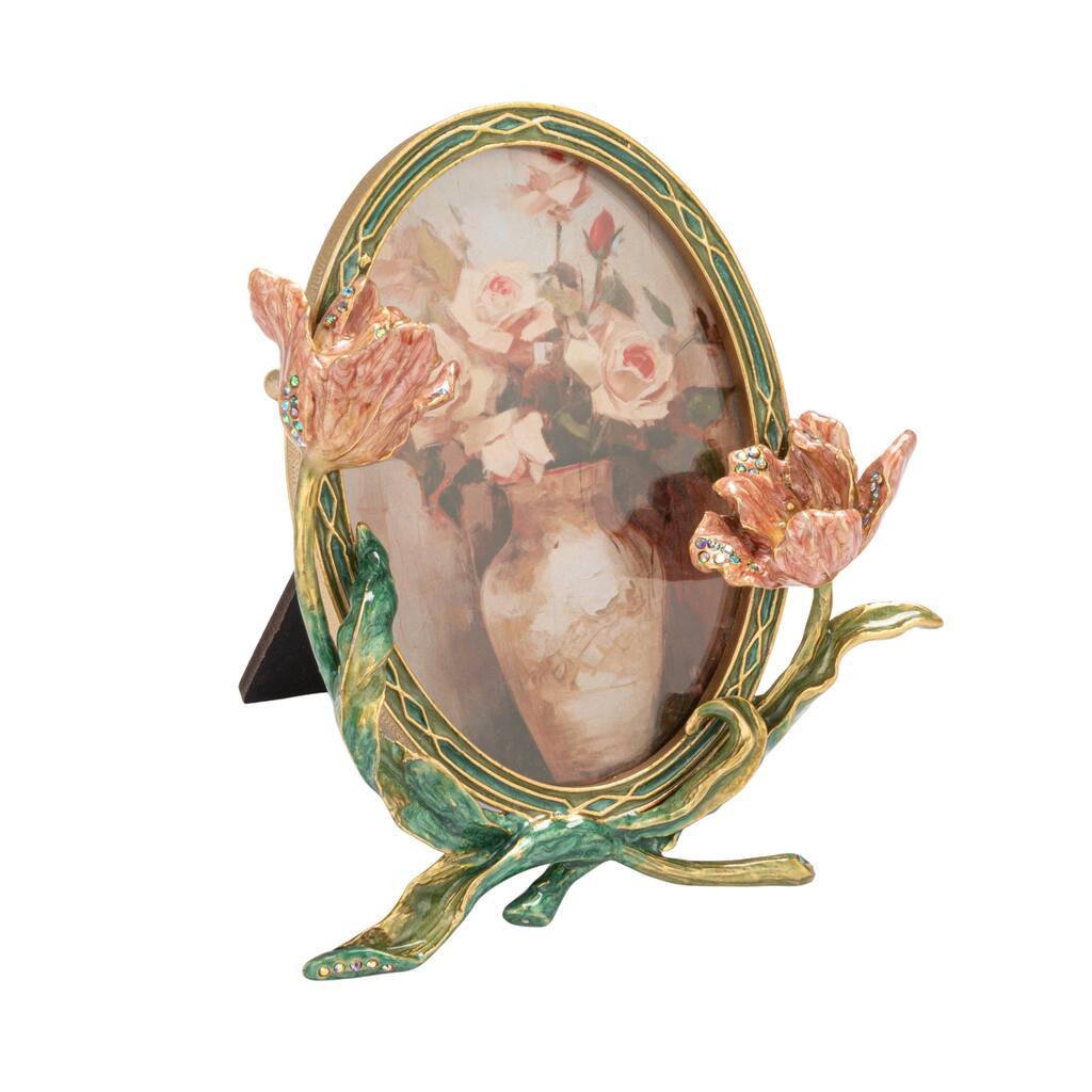 Enameled Metal Photo Frame with 3D Flowers & Jewels