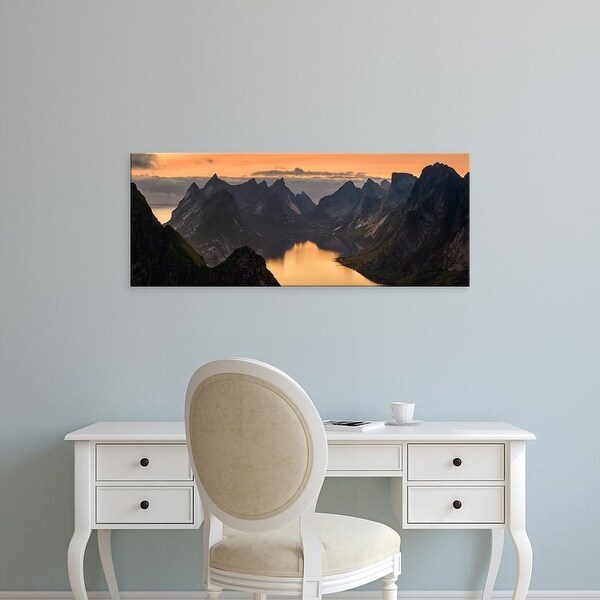 Easy Art Prints Panoramic Image 'Kjerkfjorden among mountain ridges at sunset, Lofoten, Nordland, Norway' Canvas Art