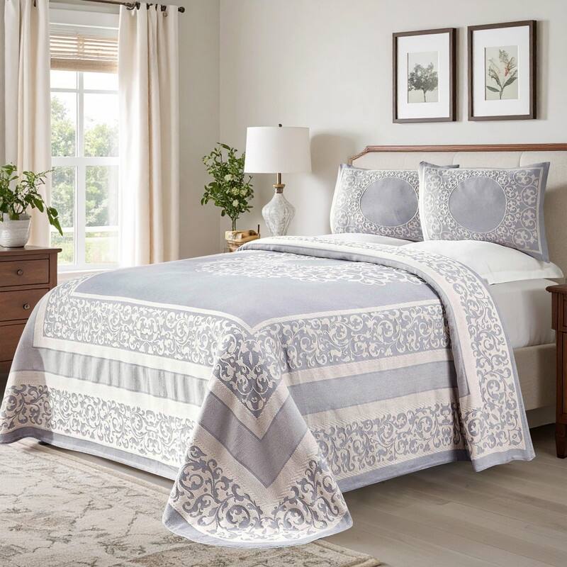 Superior Cotton Blend Oversized Vintage Floral Scroll Bedspread Set - Slate Blue - Full