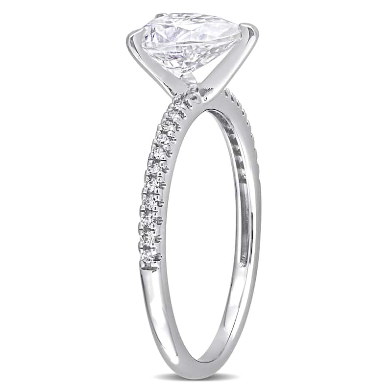 Miadora 1 1/4ct DEW Pear Shape Created Moissanite and 1/10ct TW Diamond Engagement Ring in 14k White Gold