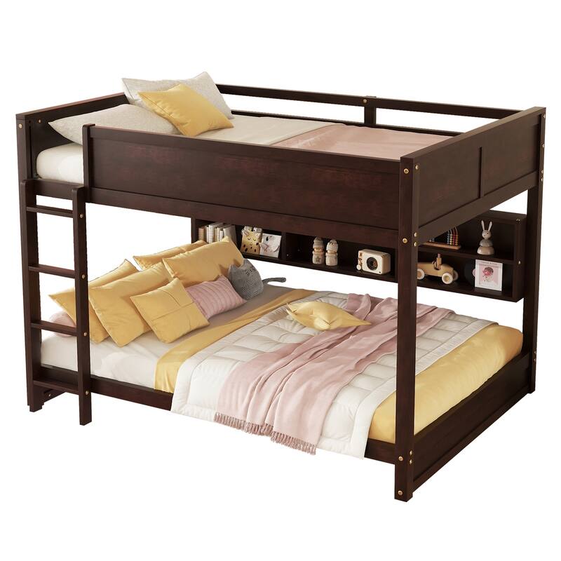 Queen Size Wood Bunk Bed with Built In Bookcase and Charging Station, Queen over Queen Low Bunk Bed Frame, No Box Spring Needed