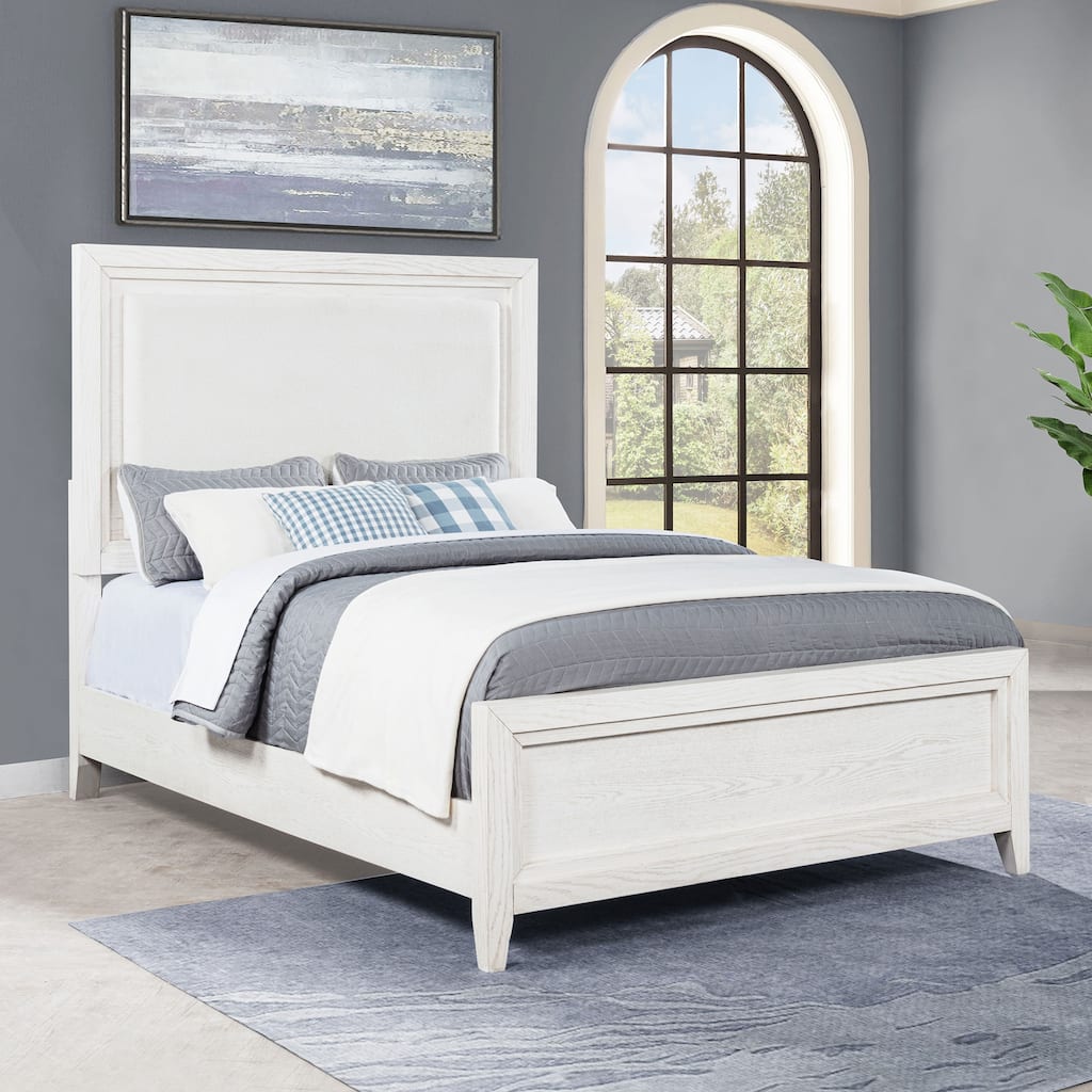 Inverness Distressed White Queen Upholstered Panel Bed