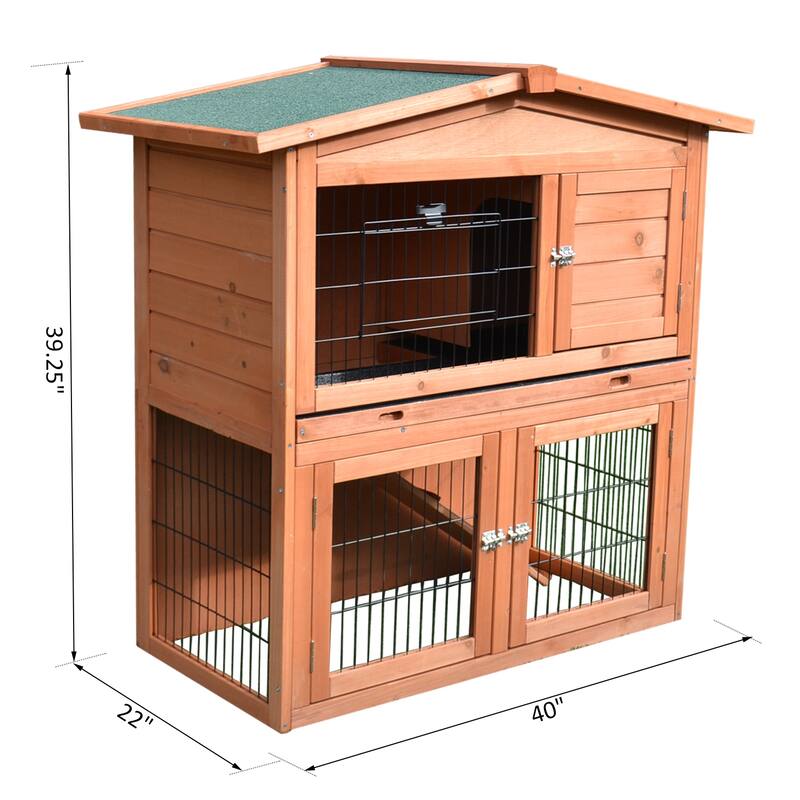 PawHut 40" Multi-Level Wooden Playpen Outdoor Rabbit Small Animal Pet Cage with Enclosed Run, Great for Ferrets & Guinea Pigs
