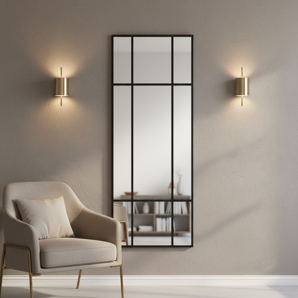 HomeRoots 63" Black Iron Window Pane Geometric Framed Full Length Hanging Mirror - 24.00 in. x 63.00 in. x 0.78 in.