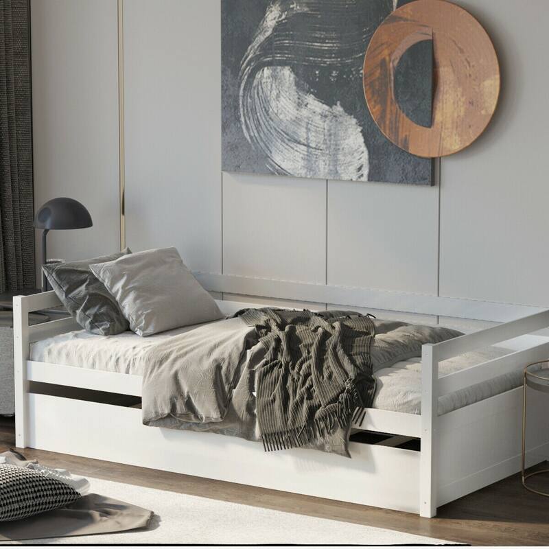 Costway Twin Size Trundle Daybed Wooden Slat Support Mattress Platform