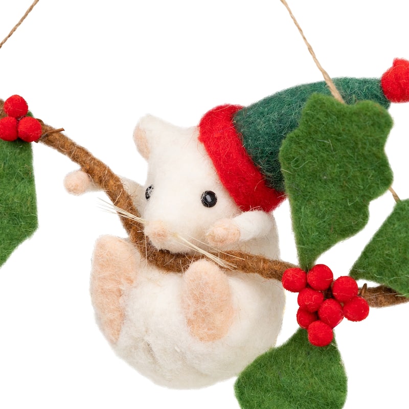 Holly and Berry Mouse Christmas Hanging Decoration - 9" - Green and Ivory