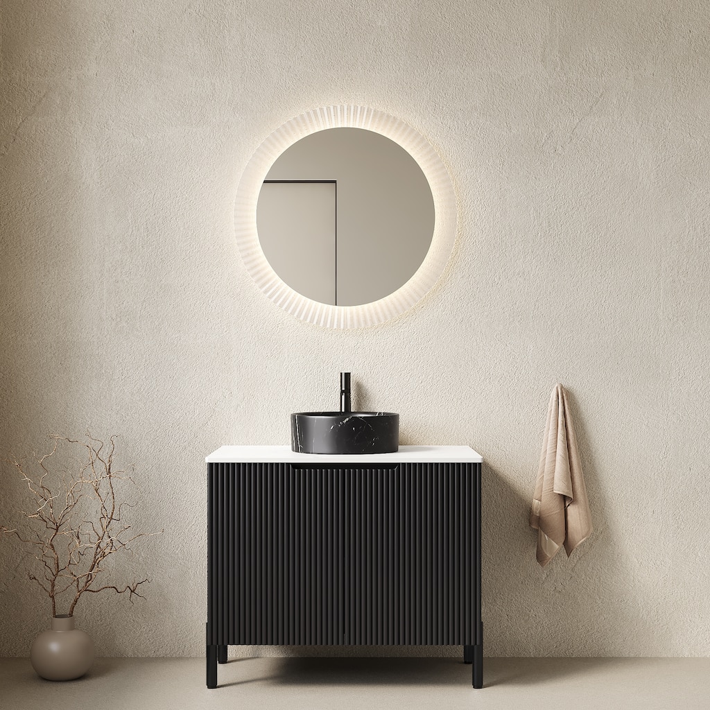 30" Bathroom Vanity with Sink, Freestanding Bathroom Storage Cabinet with 2 Doors, Black Round Ceramic Basin with Stone Pattern