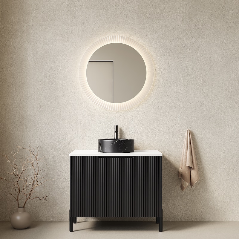 30" Bathroom Vanity with Sink, Freestanding Bathroom Storage Cabinet with 2 Doors, Black Round Ceramic Basin with Stone Pattern - Black,Carrara White