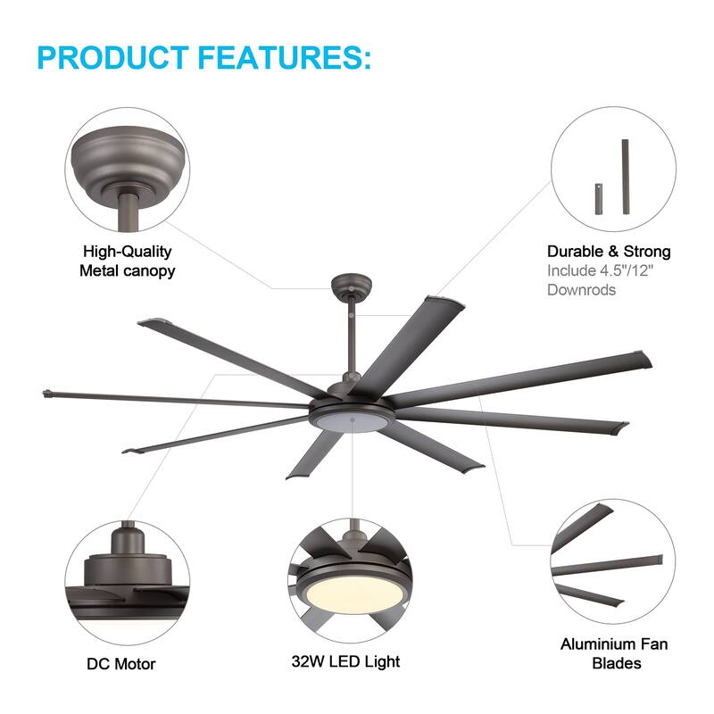 WINGBO 64" and 72" and 80" and 96" Indoor Ceiling Fan with LED Light and Remote