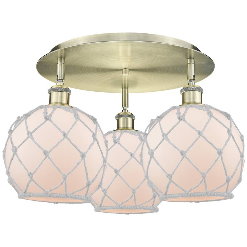 Innovations Lighting Endless Possibilities Ballston - Farmhouse Rope - 3 Light 20" Flush Mount - Antique Brass/White Glass with White Rope
