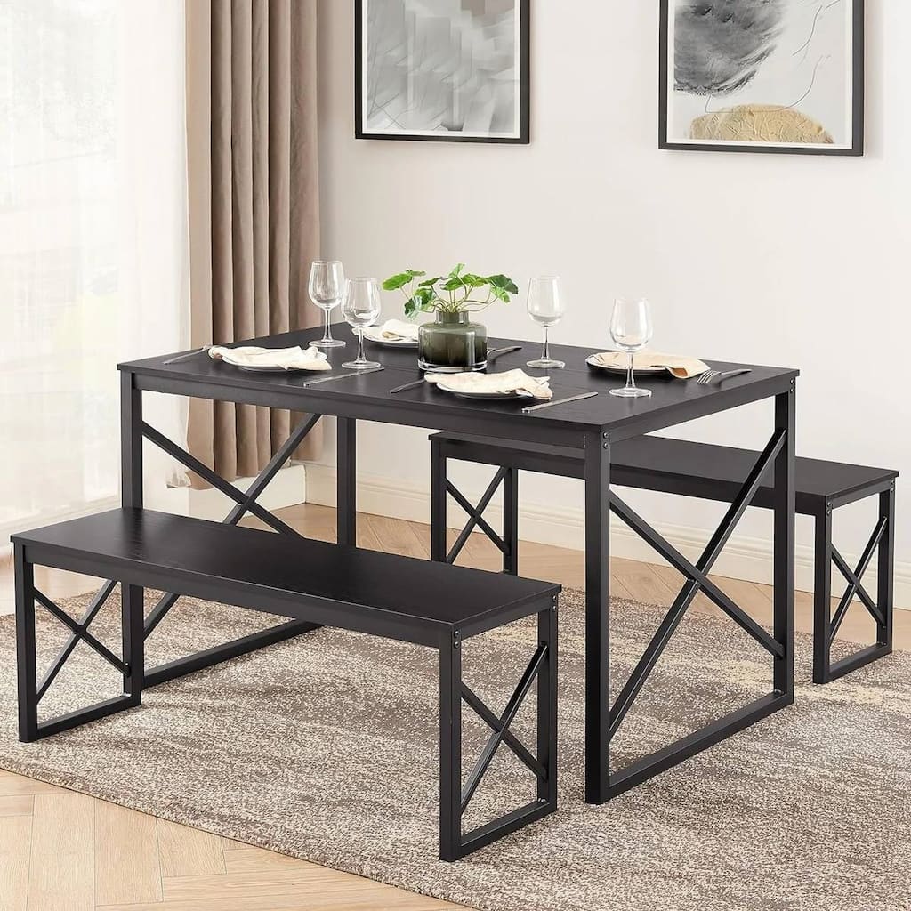 Rectangular Kitchen Dining Table Set with 2 Benches and Wooden Top Table