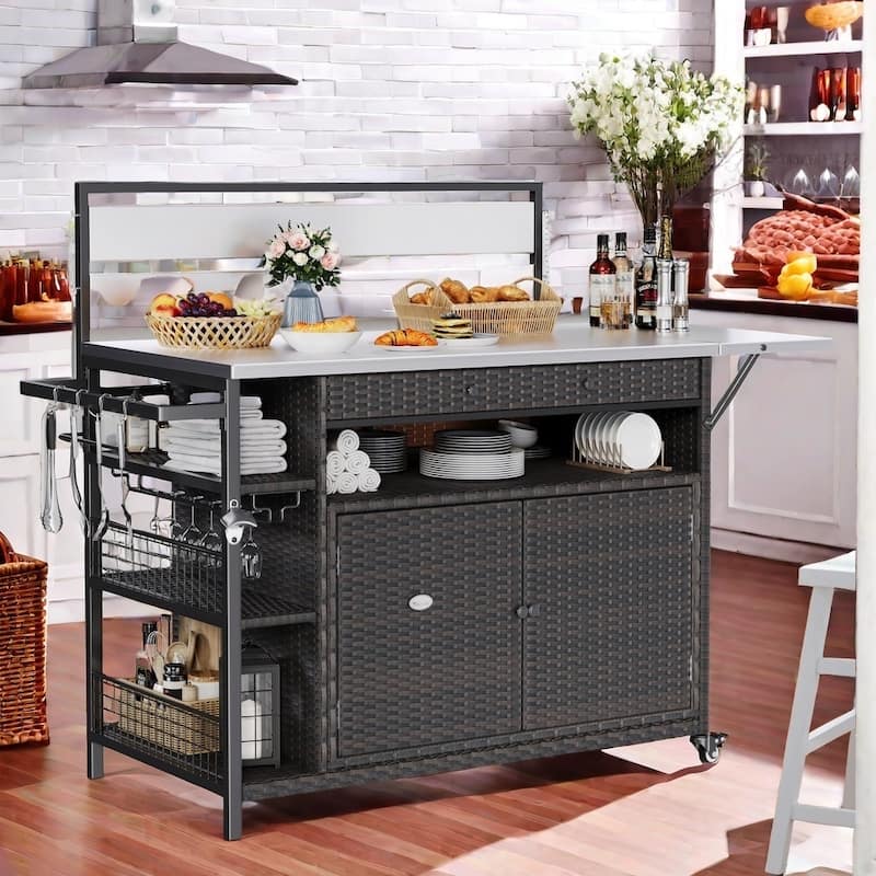 Outdoor kitchen cabinet Rolling Cart Bar Table Stainless Steel Extended - 57.8"L x 47.3"W x 24.8"H