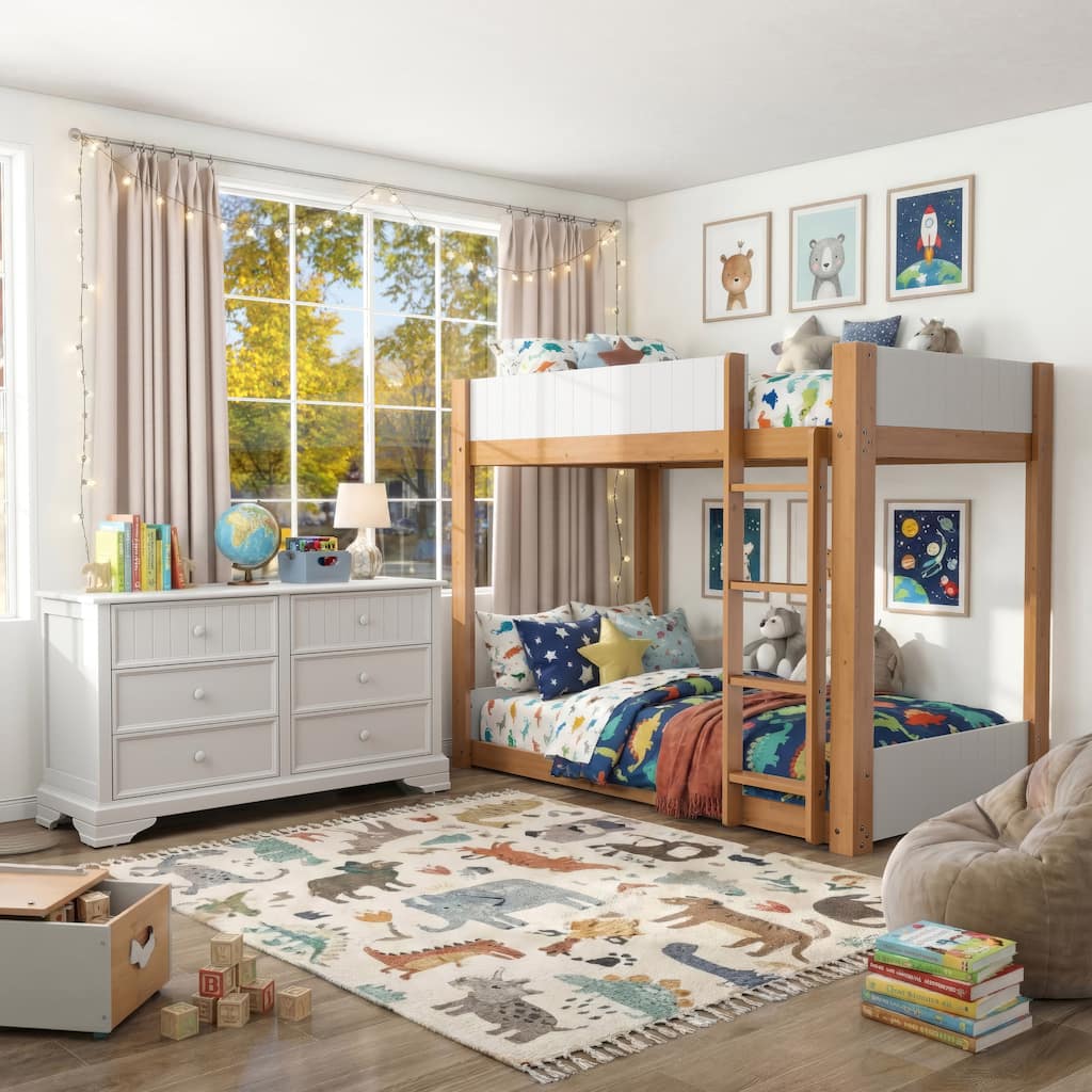 Furniture of America Oryas 2-Piece White and Natural Solid Wood Twin over Twin Bunk Bed and Dresser Kids Bedroom Set