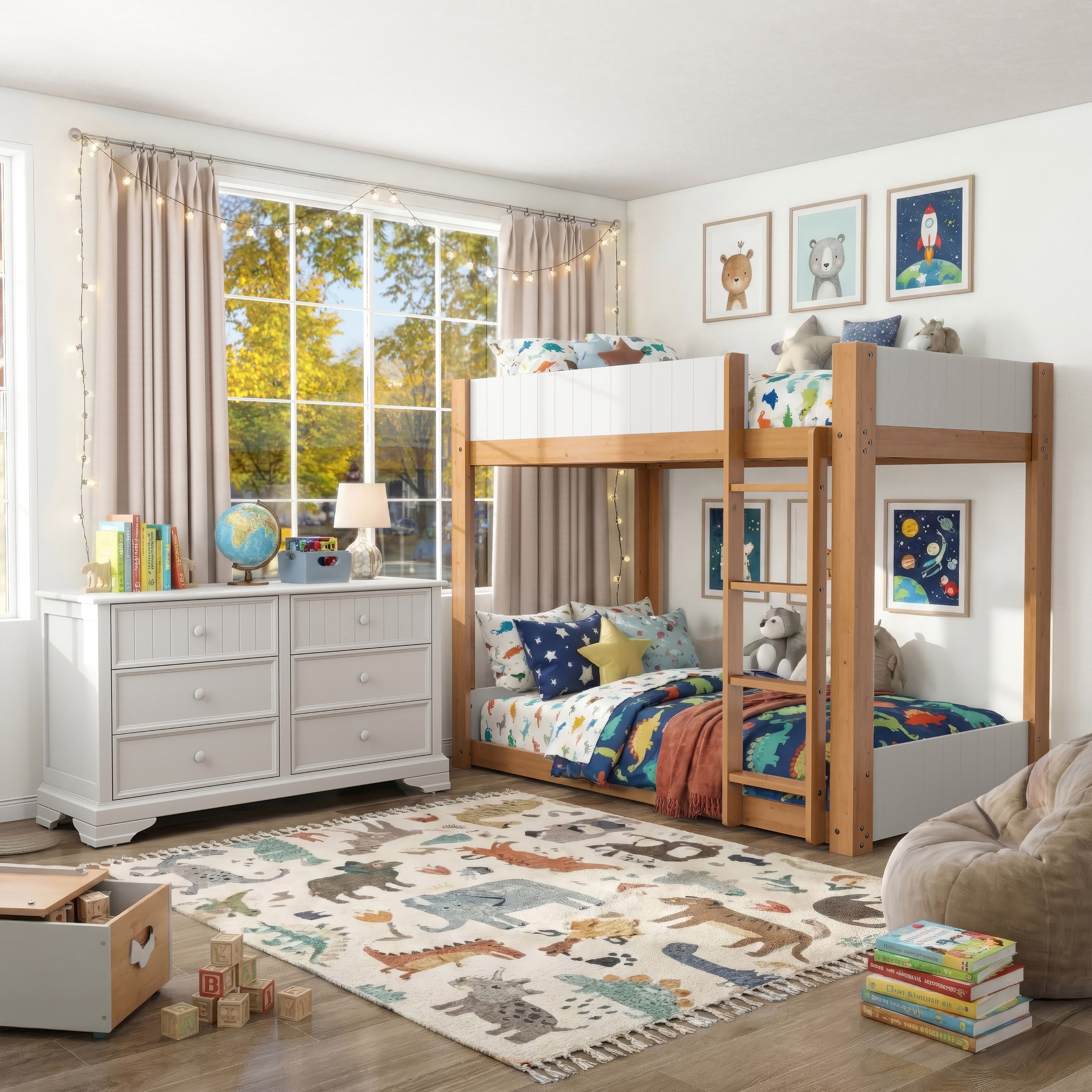 Furniture of America Oryas 2-Piece White and Natural Solid Wood Twin over Twin Bunk Bed and Dresser Kids Bedroom Set