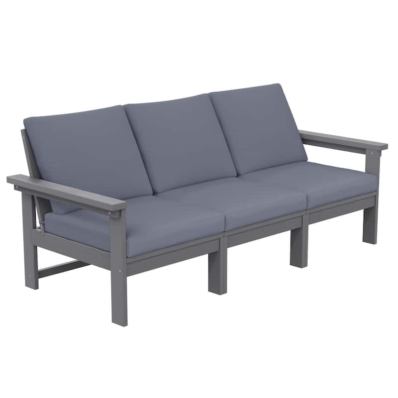 Outdoor Patio HDPE 3-Seat Sofa, 3 Removable Cushions Included - Medium Gray & Blue Gray