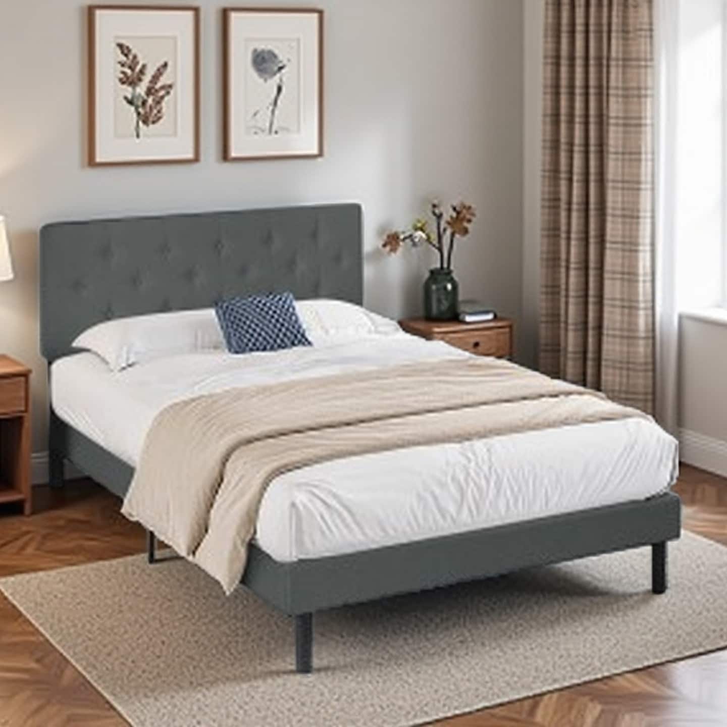 Dark Grey Queen Upholstered Platform Bed Frame with Modern Button Tufted Linen Headboard, No Box Spring Required