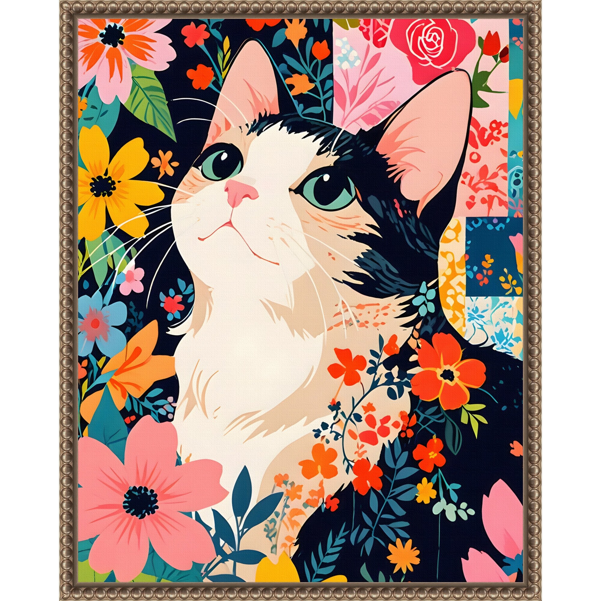 Kitty0922☺︎ Floral Patchwork Cat by Kintsugi99 Framed Canvas Wall Art - On