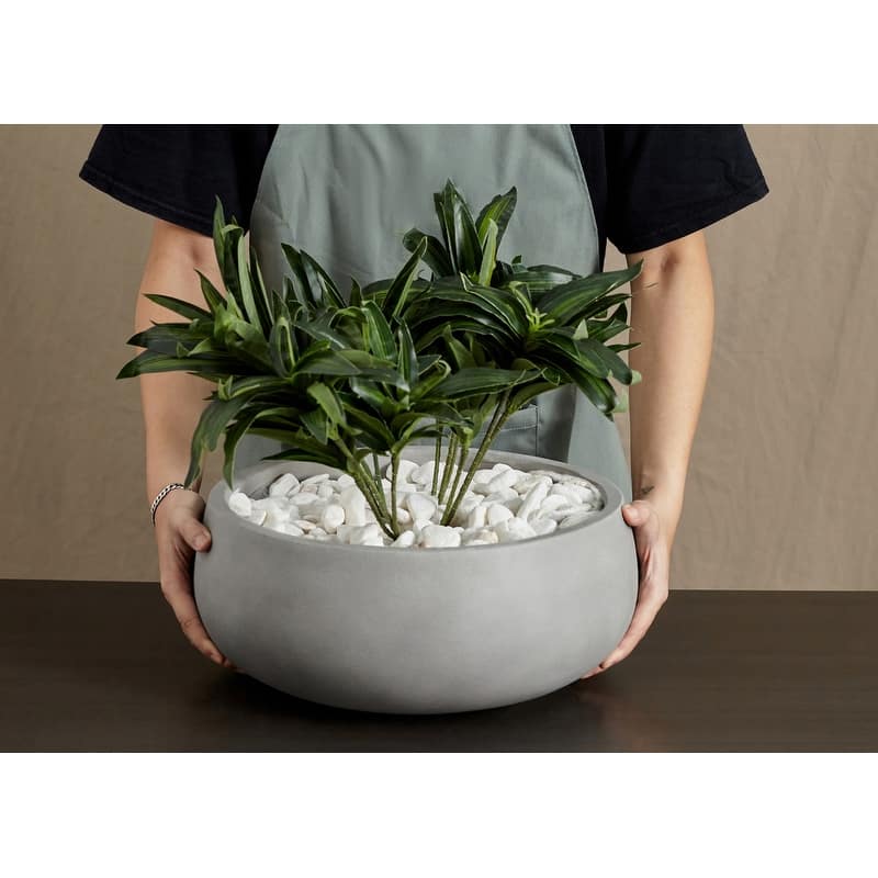 Indoor/Outdoor Large 1-Piece Nordic Minimalist Light Cement/Concrete Lightweight Round Centerpiece Bowl Planter Pot - 17, 13 in -  7 In. H x 17 In. W x 17 In. L - Cement Grey