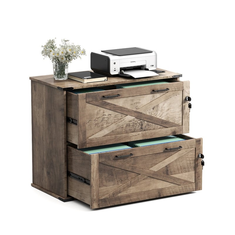 Barn Door Wooden 2 Drawers With Lock 25.79"H