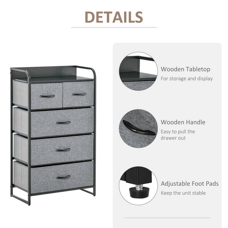 HOMCOM 5-Drawer Dresser Tower 4-Tier Storage Organizer with Steel Frame Wooden Top for Bedroom Hallway Closets