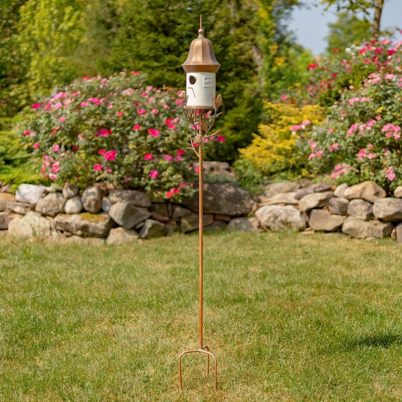 69.75" Tall Iron & White Porcelain Birdhouse Stake "Vienna" - 9.5" L x 6.75" W x 69.75" H