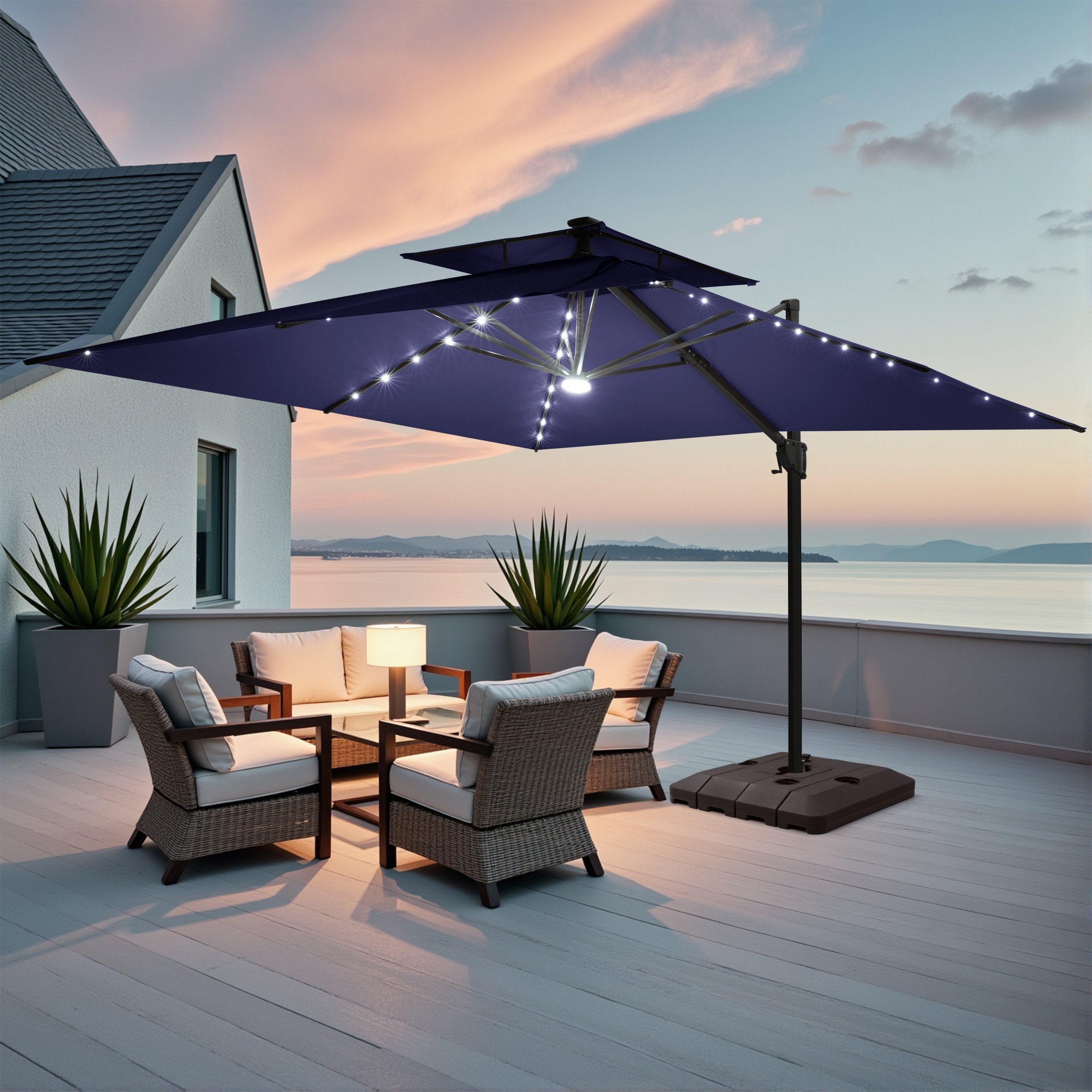 led patio umbrella with stand HOMSHADE 10FT Solar Cantilever Base Included, Red Experience the finest in outdoor and patio shading with this 10 ft 11 ft Solar-Powered LED Patio