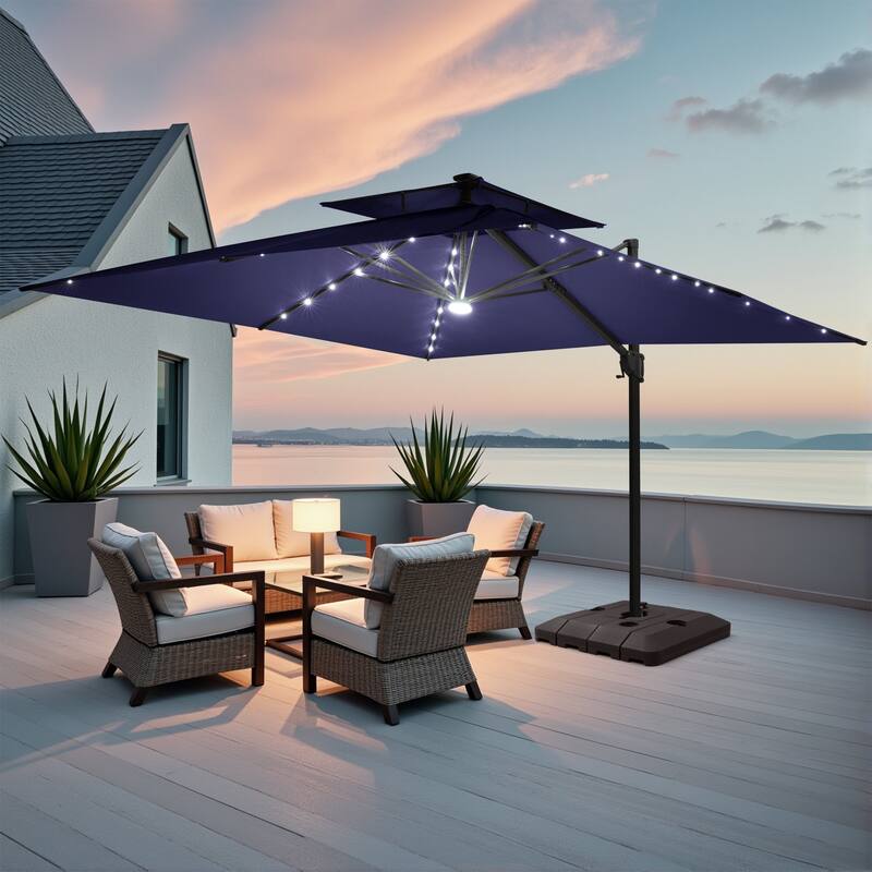 Outdoor Solar Powered LED Double Top Patio Cantilever Umbrella with Base Stand