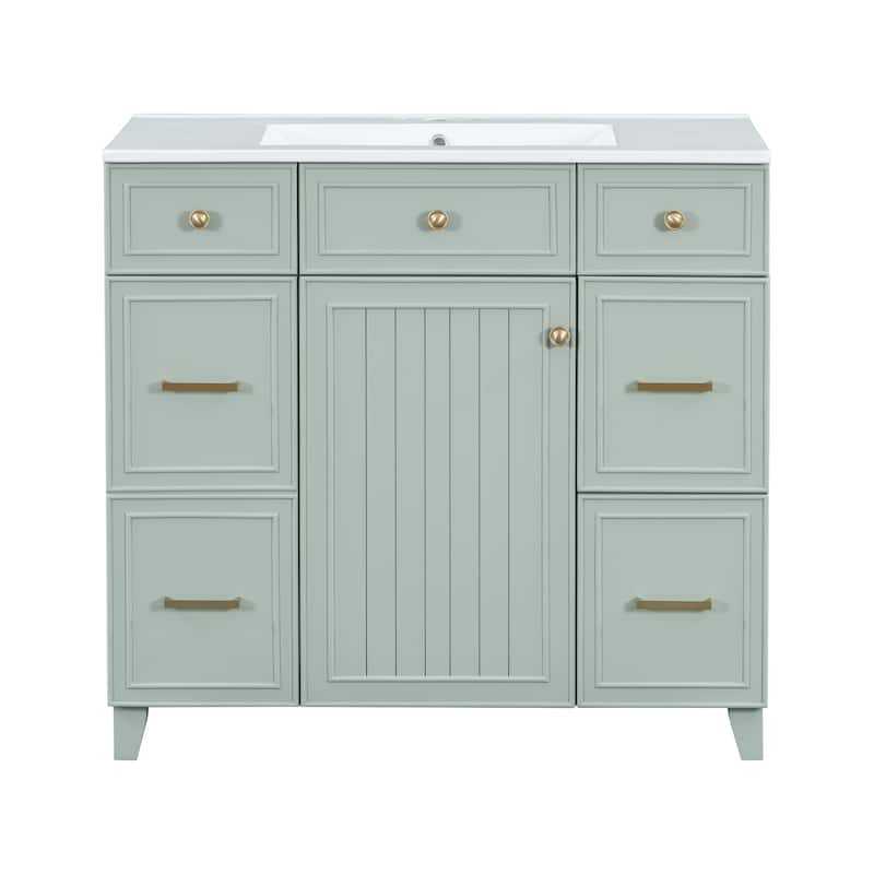 36 Inch Freestanding Bathroom Vanity with White Ceramic Basin and Door and Drawers