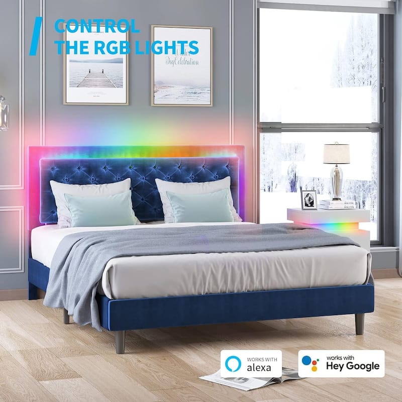 Mixoy Velveteen RGB LED Bed Frame with Button Tufted Adjustable Headboard