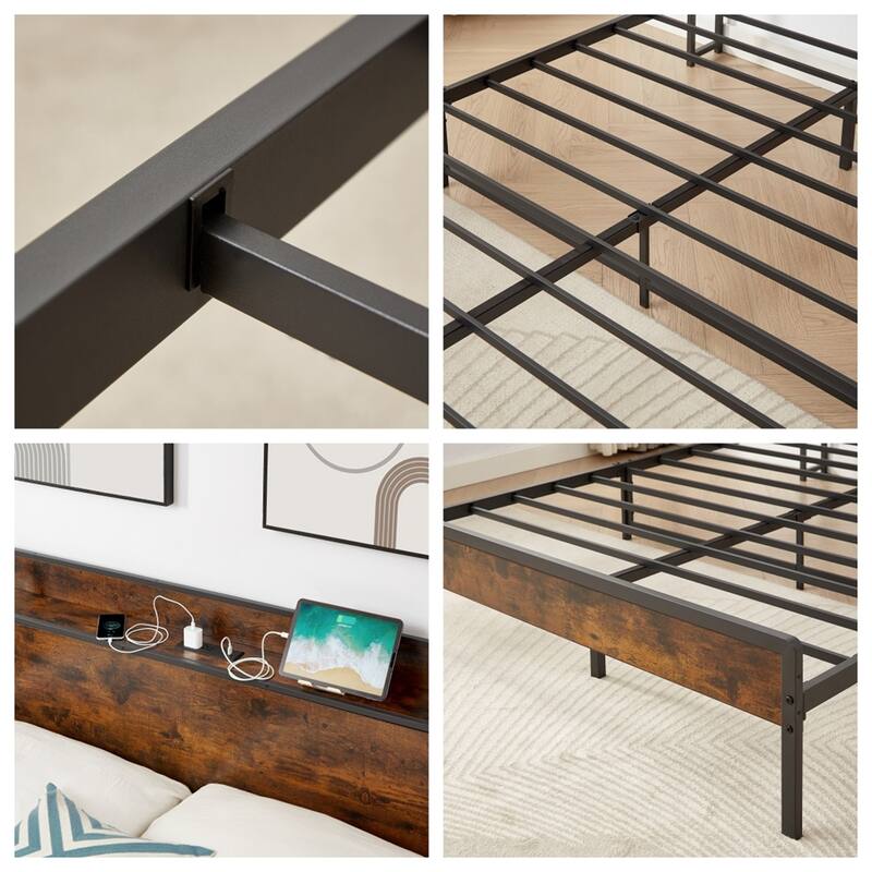 Metal Bed Frame with Charging Station and Slats