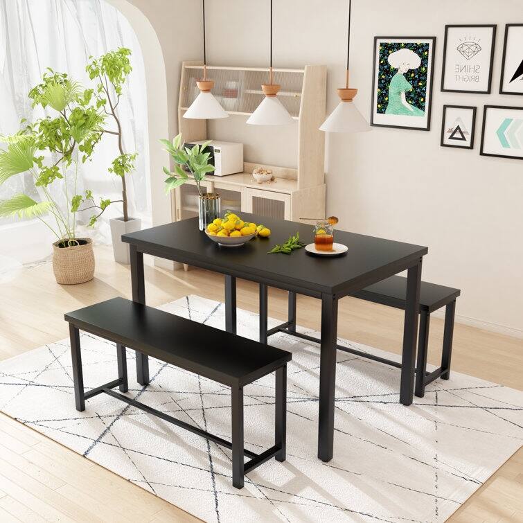 Dining Table Set with Bench, 3 Pieces Dining Furniture Set Kitchen Table Set for Kitchen, Dining Room, Living Room - Black