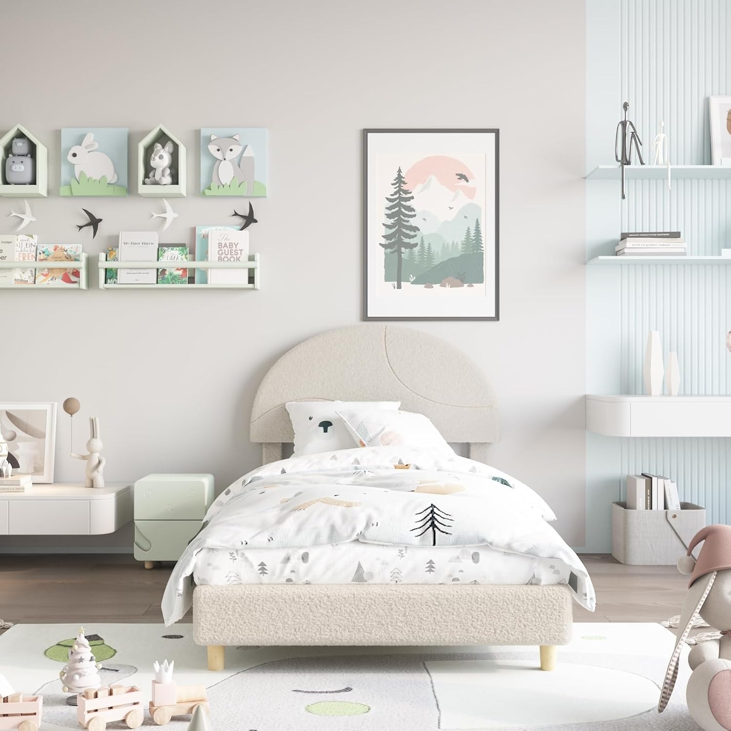 Twin Bed Frame with Boucle Arch Headboard, Soft White Upholstery, Kids Slat Bed, Easy Assembly