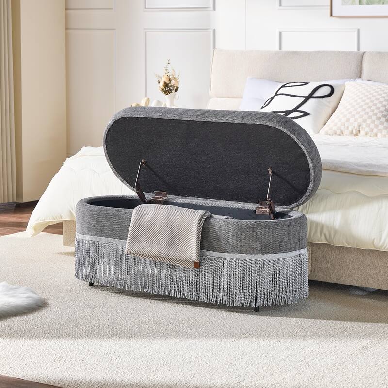 Oval Upholstered Storage Ottoman with Fringe Trim & Lift-Top Lid - 39"L x 16"W x 17"H,Multi-Functional Footrest & Hidden Storage