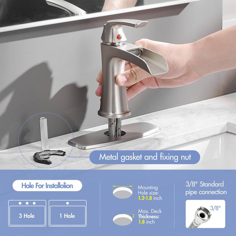 Single hole 1-handle Waterfall Handle Bathroom Sink Faucet with Drain with Deck Plate