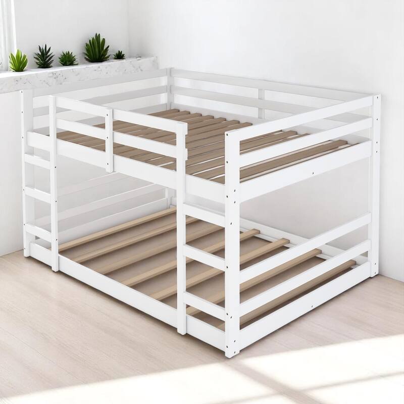 Full Over Full Bunk Bed with Ladder and Guardrails, Solid Wood Frame, No Box Spring Required