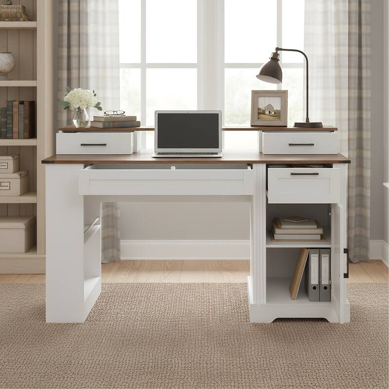 Roomfitters 55" Farmhouse Office Desk with Barn Door Cabinet, Pegboard & Charging Station - White