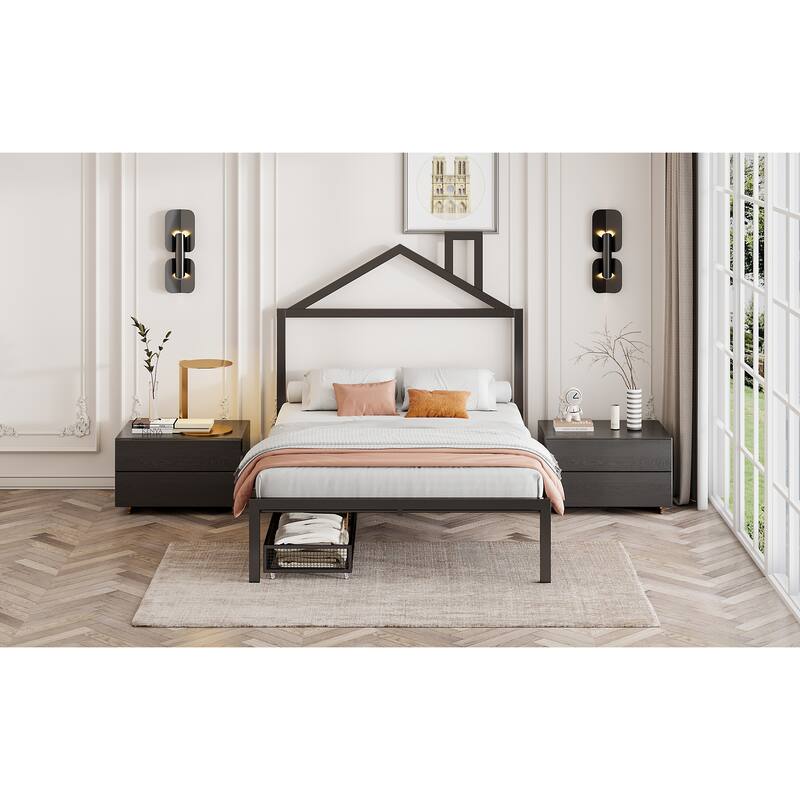 Full Size Metal Platform Bed with Two Drawers and House-Shaped Headboard