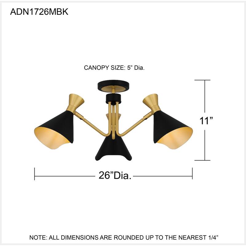 Arden 3-Light Matte Black Semi-Flush Mount