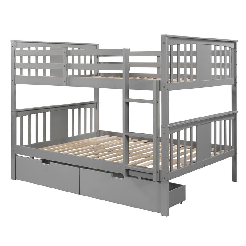 Full Pine Bunk Bed with Drawers, Ladder, and Headboard, Convertible to Two Beds