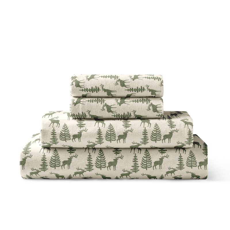 Brielle Home Cotton Flannel Bed Sheet Set - Deer Green - Queen