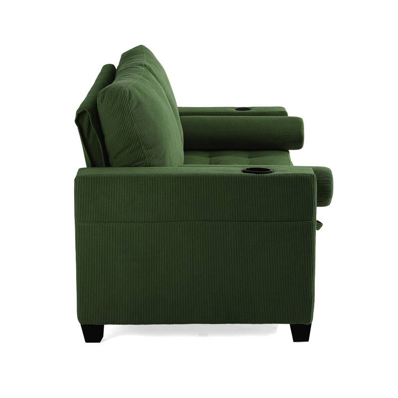 2 Set Corduroy Convertible Sleeper Sofa Bed Loveseats with Cup Holder, USB Ports & Storage