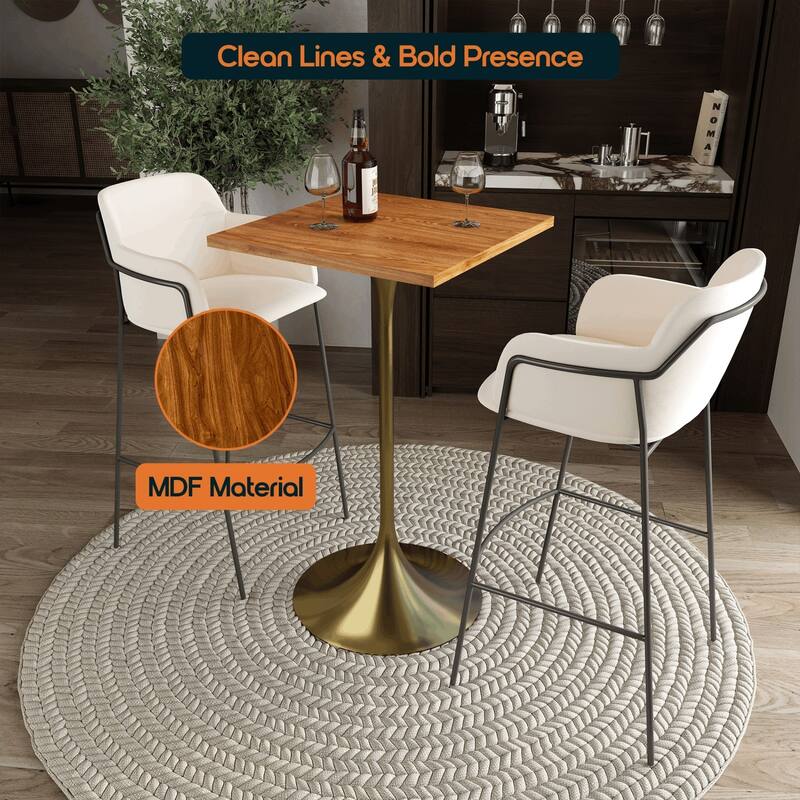 Verve 43 in. Tall Bar Height Dining Table Square MDF Wood Tabletop in Gold Stainless Steel Pedestal Base Accent Bar Table