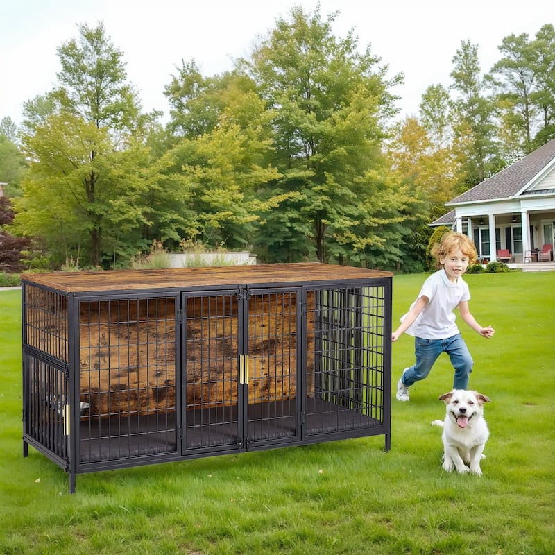 Dog Crate Furniture, Dog Cage Wooden Kennel Table with Double Doors, Indoor Dog House - Brown