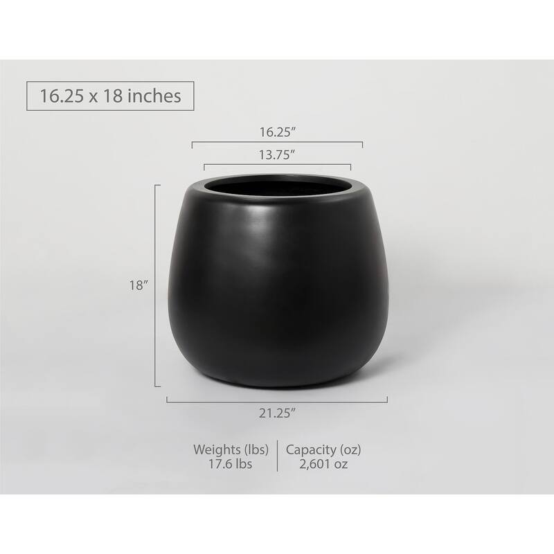 Short Narrow Mouth Globe 1- Piece Fiber Stone Round Planter Pot - 18 in. H x 16.25 in. W x 16.25 in. L - Black