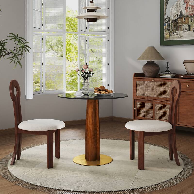 Modern Round Dining Table, 33.5" Tempered Glass Table with Wooden Leg & Gold Base, 2 - Person Kitchen Table for Small Space - Brown+Transparent
