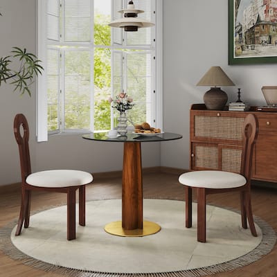 Modern Round Dining Table, 33.5" Tempered Glass Table with Wooden Leg & Gold Base, 2 - Person Kitchen Table for Small Space