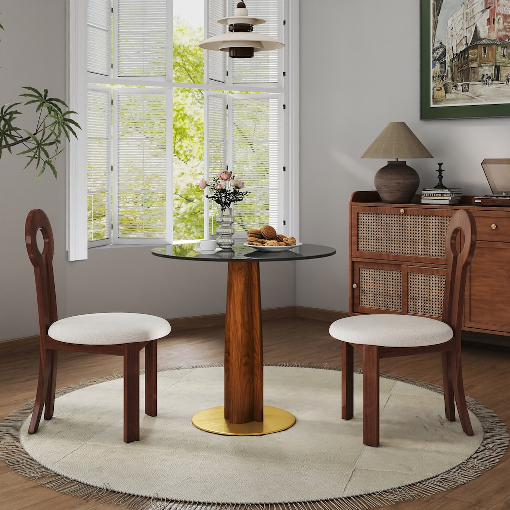 Modern Round Dining Table, 33.5" Tempered Glass Table with Wooden Leg & Gold Base, 2 - Person Kitchen Table for Small Space