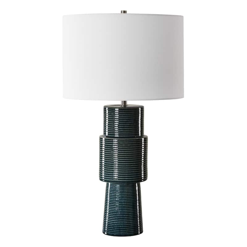 Strick & Bolton Teal Ceramic Table Lamp with Ribbed Texture and Linen Shade - 15 x in x 15 x in 28 - 15	 x in x 	15	 x in 	28 - Green/White