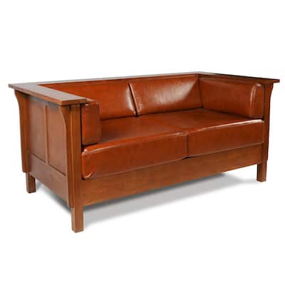 Arts And Crafts / Craftsman Cubic Panel Side Love Seat - Russet Brown Leather (RB2)